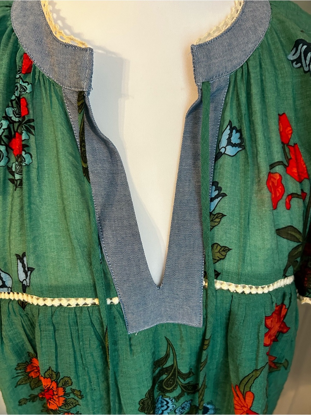 THML Clothing Green Floral Peasant Tunic Blouse with Ruffle Sleeves, Tassels L - Picture 4 of 16